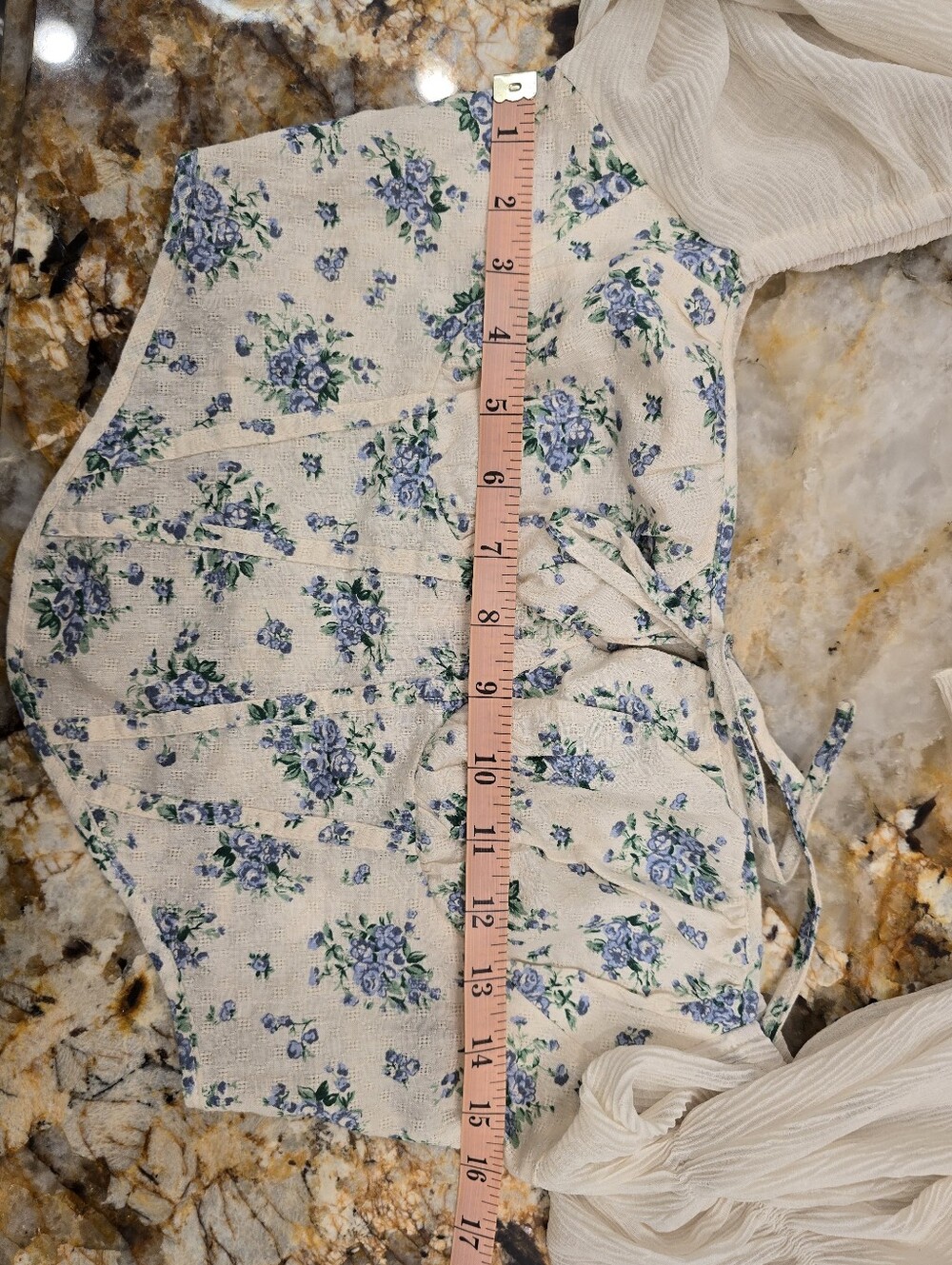 Cider floral corset crop top with sheer flared sleeves  S Cream Blue - Picture 5 of 6